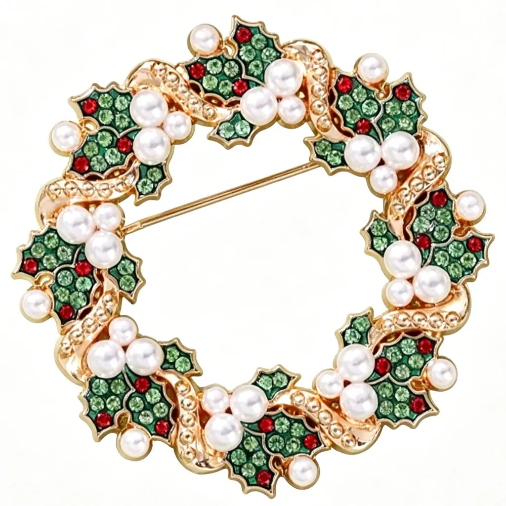 Elegant Christmas Wreath Brooch Pearl Green Red Rhinestone Vintage Gold Tone Decor Brooch for Holiday Daily Wear