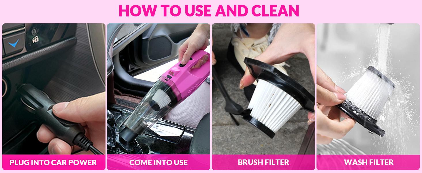 Car Cleaning Kit, Car Vacuum Detailing Kit Interior with High Power Handheld Vacuum, Including 7Pcs Detailing Brush Set, Windshield Cleaner, Pink Car Accessories for Women