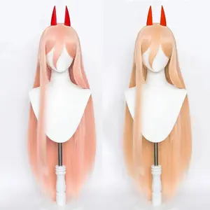 Anime Chainsaw Man Makima Power Cosplay Wig Long Orange Pink Heat Resistant Synthetic Hair Party Role Play Wigs + WigCap + Horns