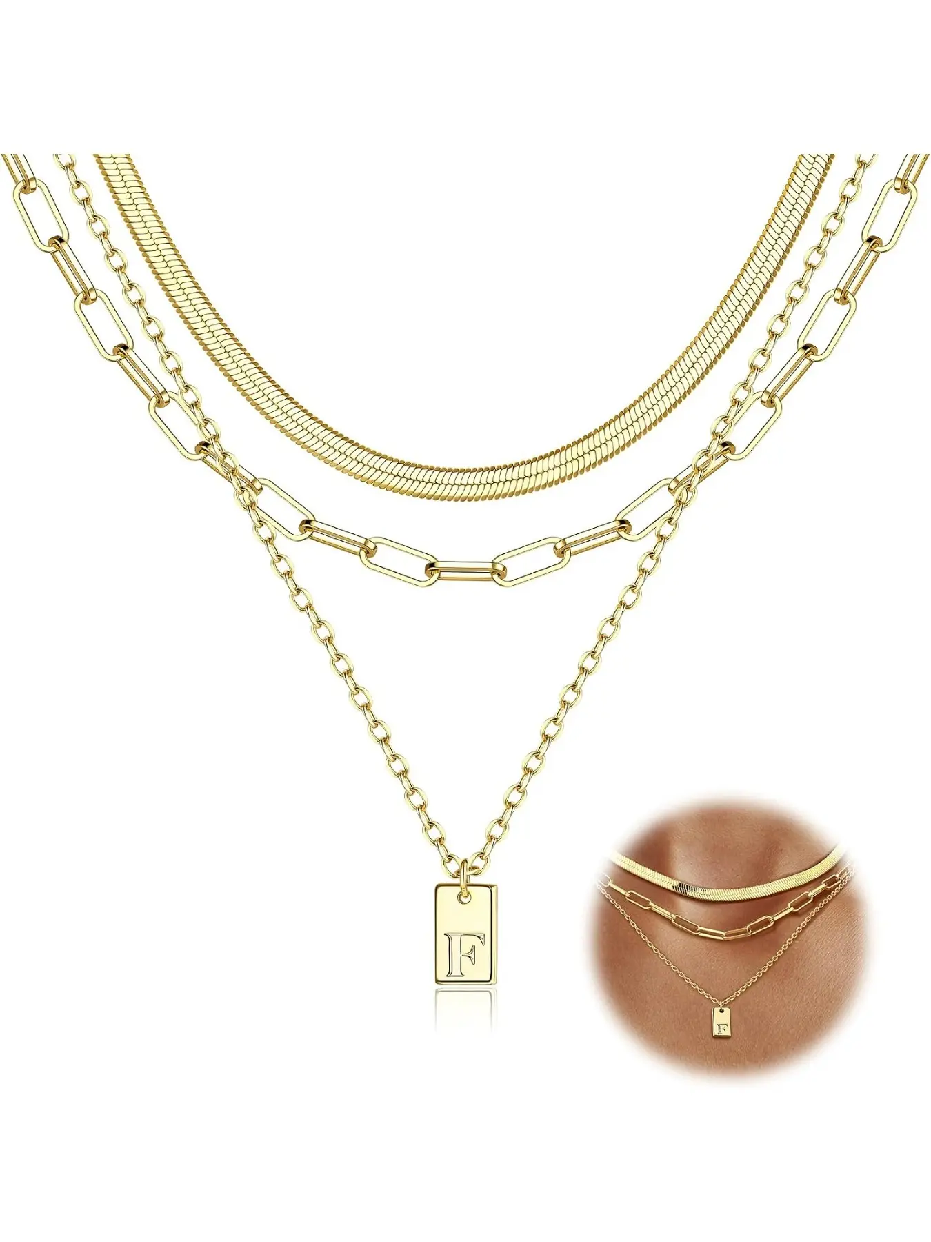 Gold Layered Necklaces for Women Trendy 14K Gold Initial Necklace Tag Pendant Letter Necklace Paperclip Snake Chain Layering Necklace Set Dainty Gold Jewelry Gifts