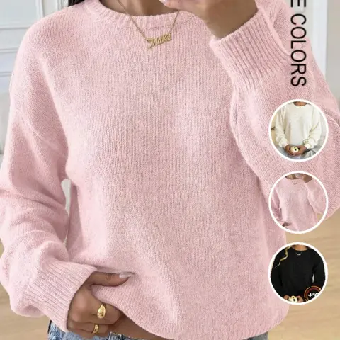 Women's Versatile Fashion Loose Knit Long Sleeve Sweater, Elegant Round Neck Pullover, Soft Casual Fall & Winter Top, Knitwear For Fall
