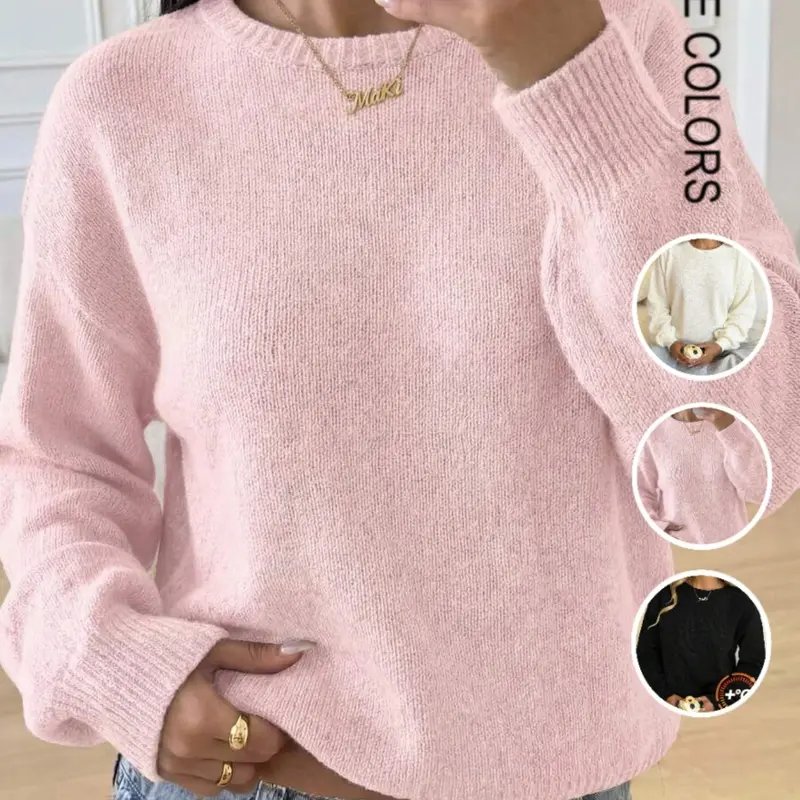 Women's Versatile Fashion Loose Knit Long Sleeve Sweater, Elegant Round Neck Pullover, Soft Casual Fall & Winter Top, Knitwear For Fall