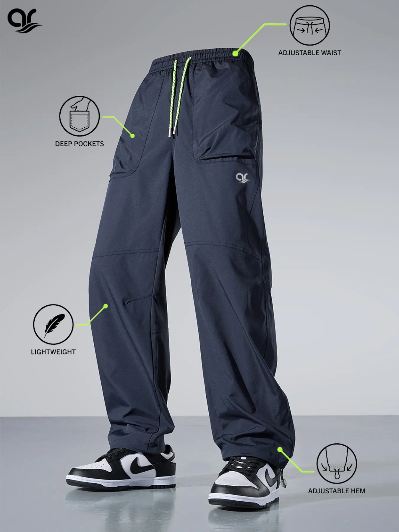 AR Men's Lightweight Baggy Parachute Pants Streetwear Techwear Joggers Outdoor Hiking Track Pants Jogging Pants Adjustable Hem Drawstring Athletic Casual Trousers Reflective