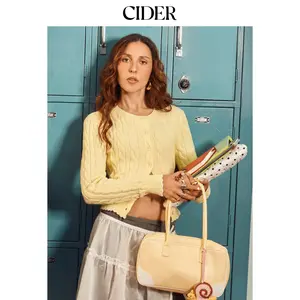 Cider Cable Knit Round Neckline Button Up Cinched Waist Cardigan