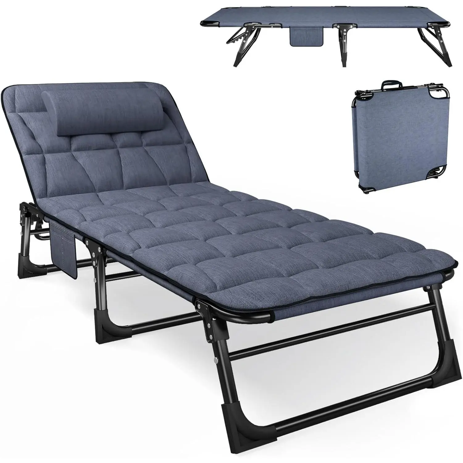 Folding Camping Cot  Adults with Padded Mattress and Pillow, Adjustable Reclining Lounger Sleeping Cot Bed, Ideal  Camping, Travel, Garden, or Office Use, Blue