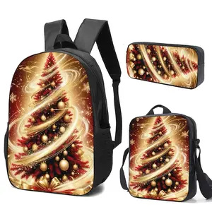 A Three-Piece Set Featuring a Christmas Tree Theme Includes a Backpack, Pencil Case, And Lunch Bag, Adorned with Golden Spiral Decorations, Red Balls, And Snowflakes. The High-Definition Print Is Resistant to Fading