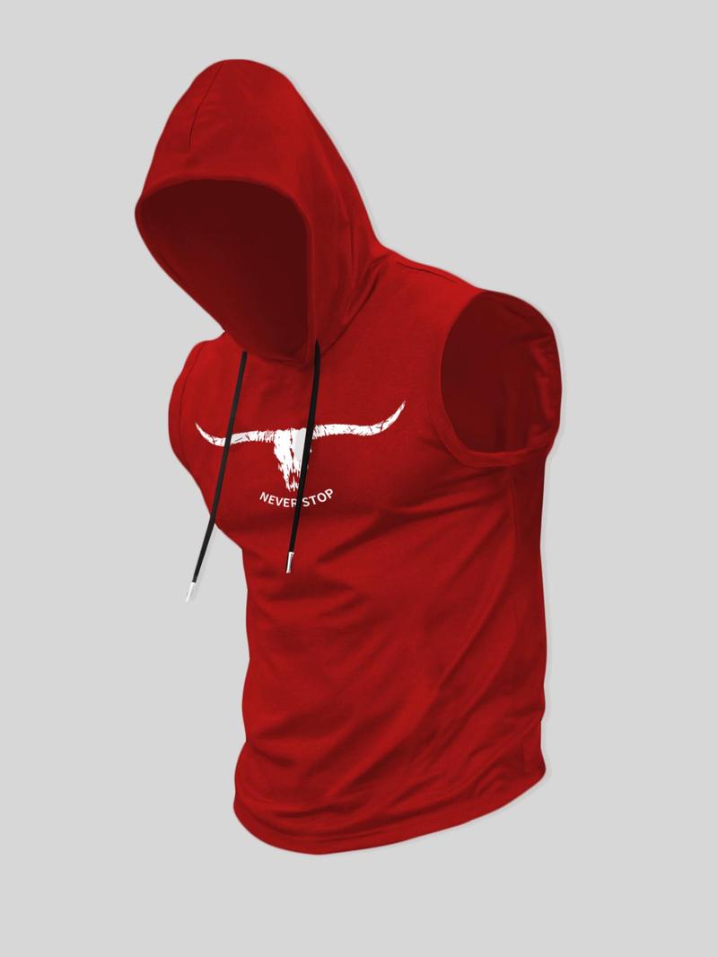 Men's Regular Fit Cartoon Bull Head Print Hooded Tank Top, Casual Comfy Breathable Sleeveless Top for Summer, Fashion Men's Clothes for Daily Wear, Socks