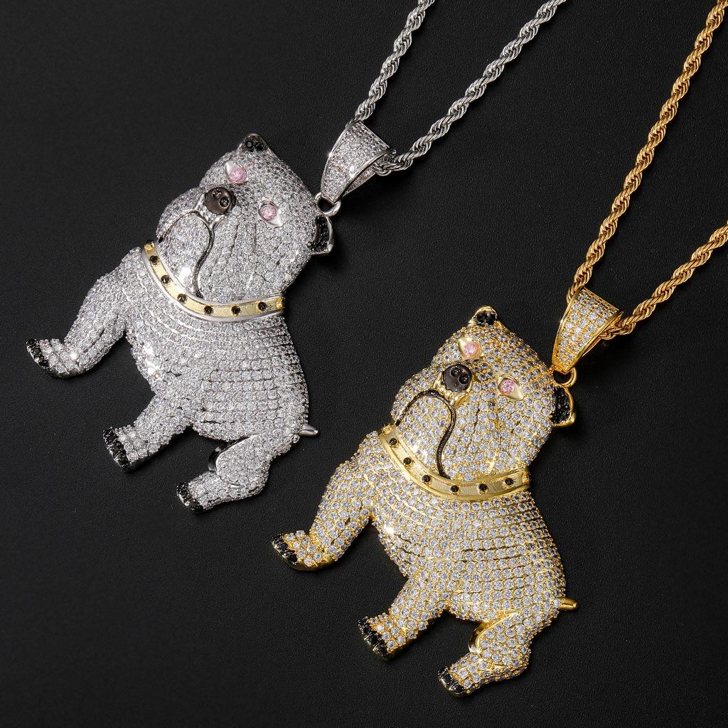 Bulldog Pendant Necklace for Men, Silver and Golden CZ Diamond Dog Chain Necklace, Animal Hip Hop Statement Pendant Jewelry, Streetwear Fashion Gift Accessory