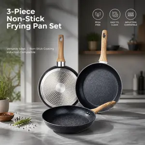 3Pcs Multipurpose Non-Stick Frying Pans With Marble Coating and Wooden Handles, Compatible With All Stovetops, Ideal Essential Cookware for Every Family Kitchen