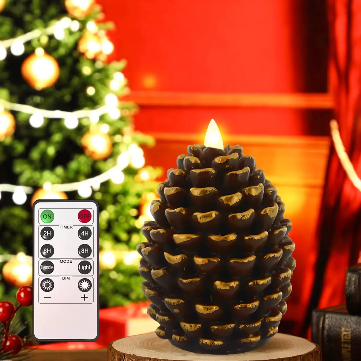 Pine Cone Flameless LED Candles, Real Wax Flickering Candle with 3D Wick, 2.5x7.4 Inch Battery Operated Christmas Decor for Table Mantel Window, Safe Holiday Gift for Mom Grandma Sister