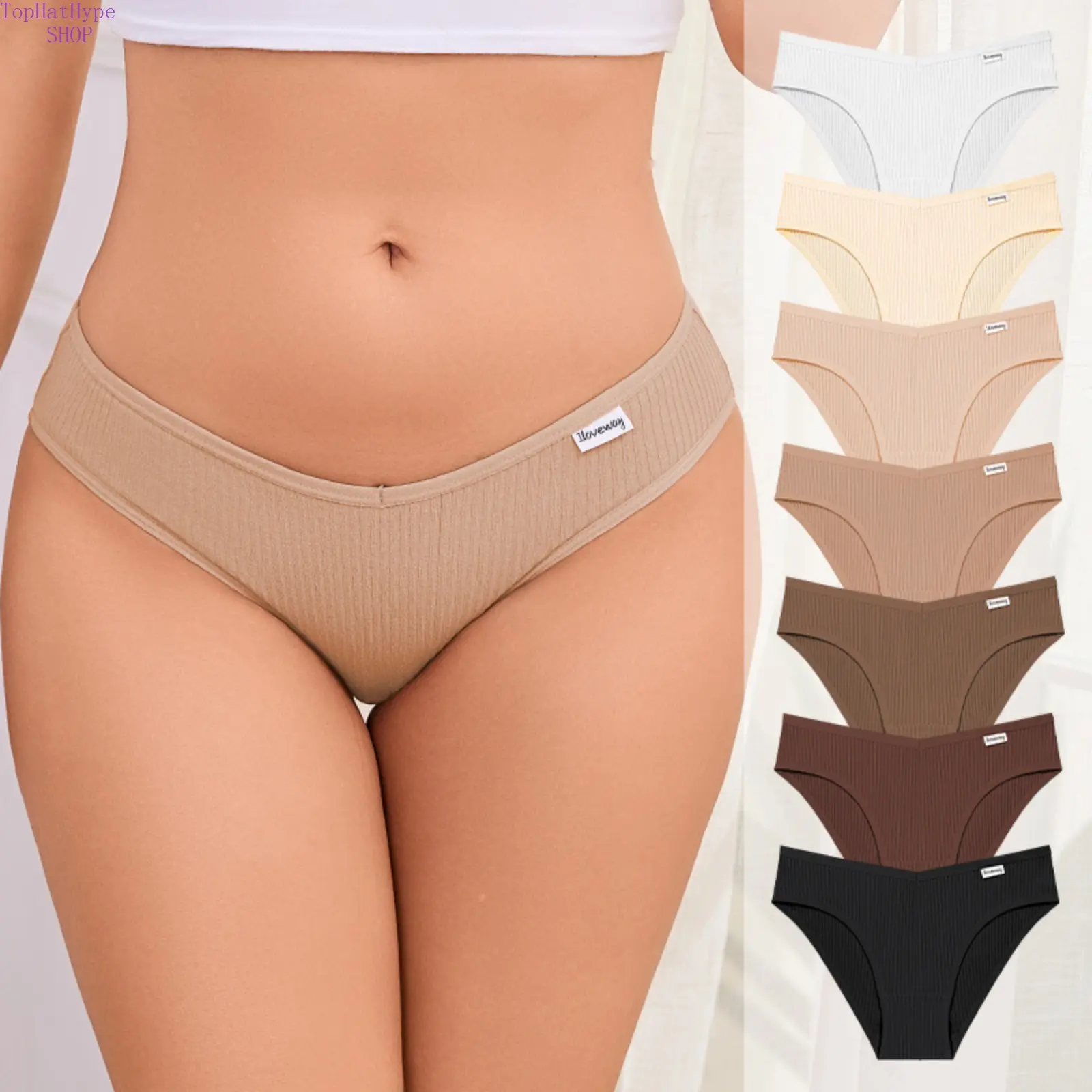 Women's Ribbed Waist Low-Rise Cotton Briefs - Aesthetic Neutral Milk Coffee Intimates, Breathable Soft Sexy Triangle Panties for Teen Girls, Breathable Clothes Daily Wear