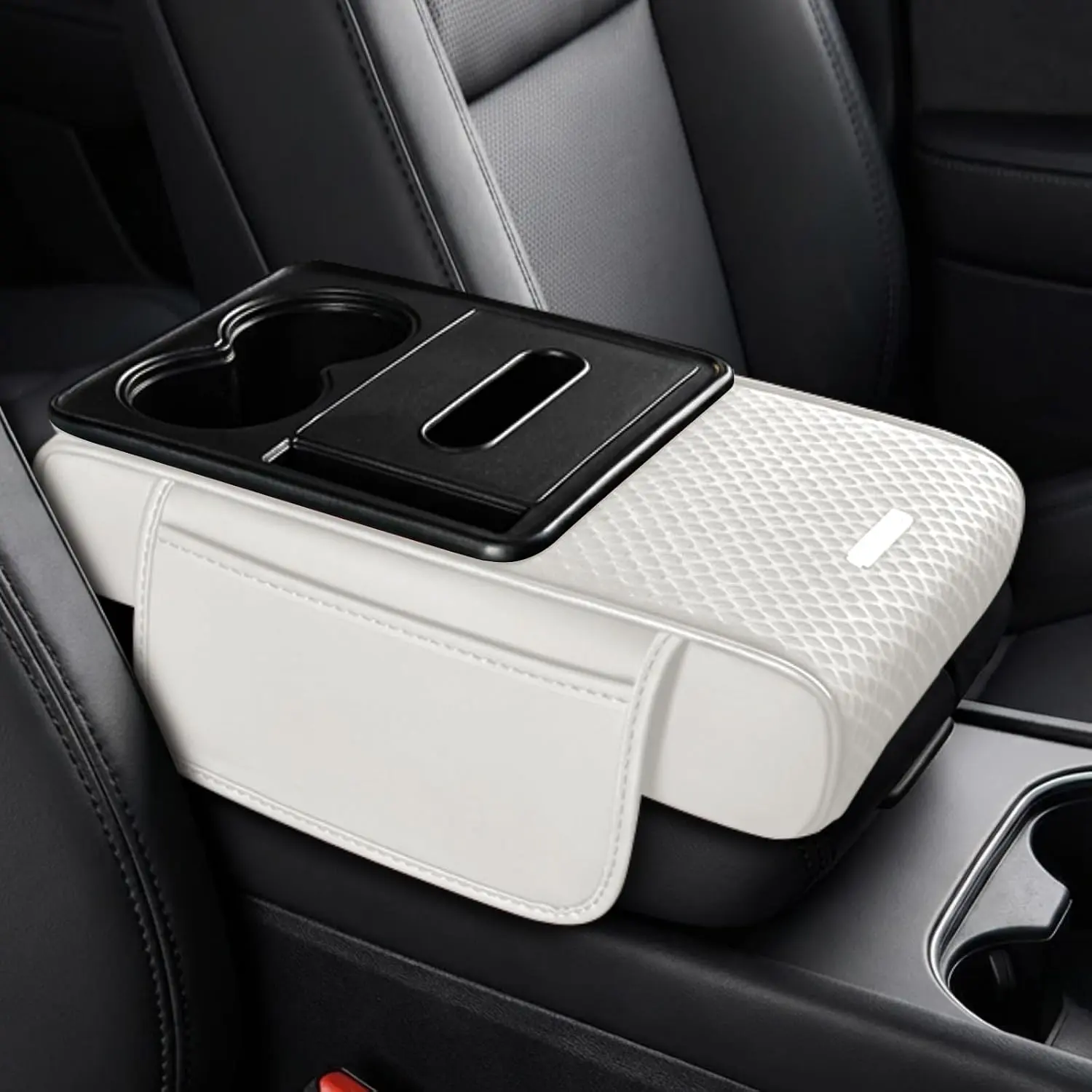 Car Center Console Armrest Pillow, 13.6"*7.3"*3.1" Leather Arm Rest Cover for Cars, 4-in-1 Comfortable Auto Armrest Cushion Pad with Pocket & Tissue Box & Cup Holder, Car Accessories (White)