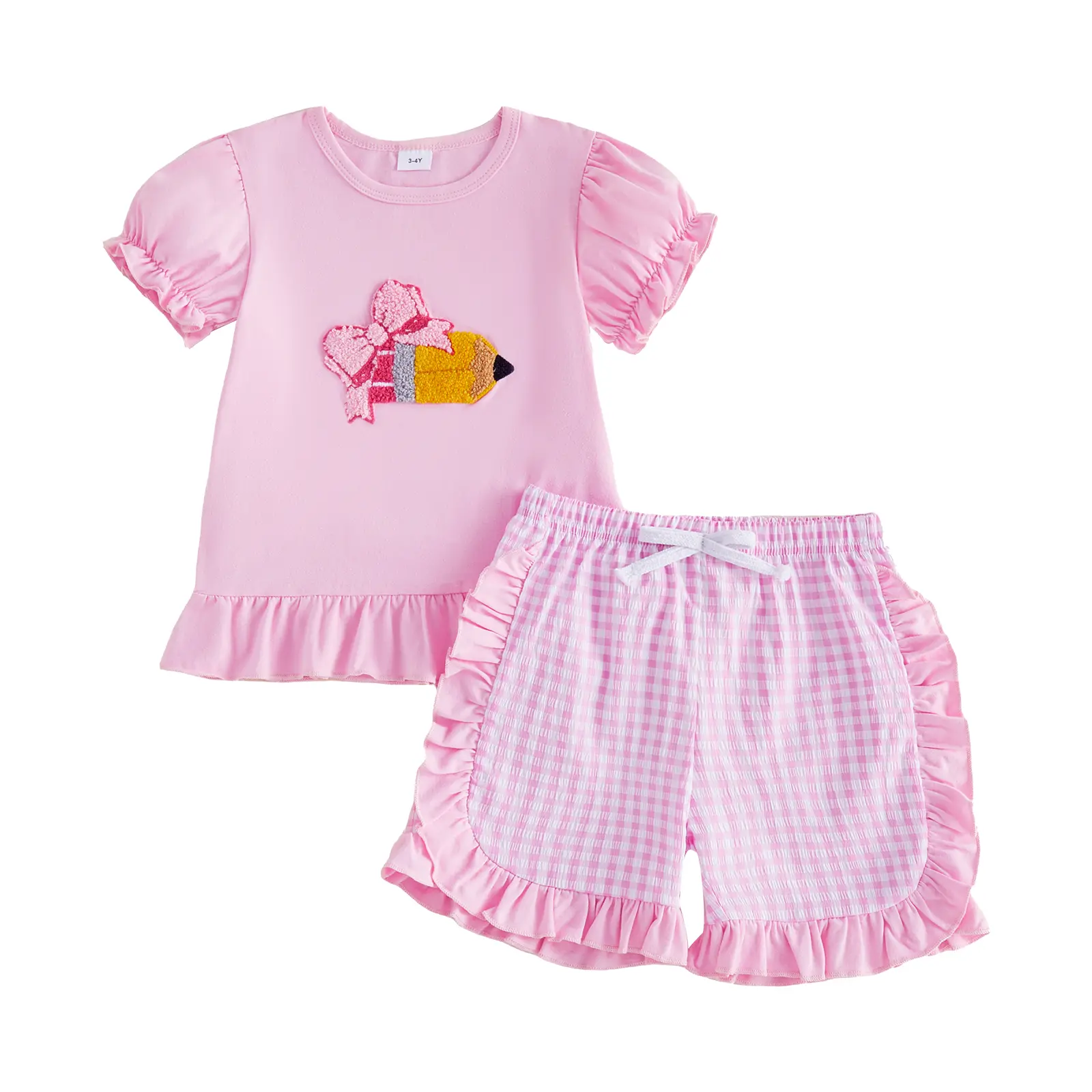 Girls' 2-Piece Back to School Fashion Style Match Set, Pencil Embroidery Puff Sleeve Crew Neck Top + Plaid Ruffled Shorts (Back to School Shopping Girlset), Fashion Style Sets, Match Style Set