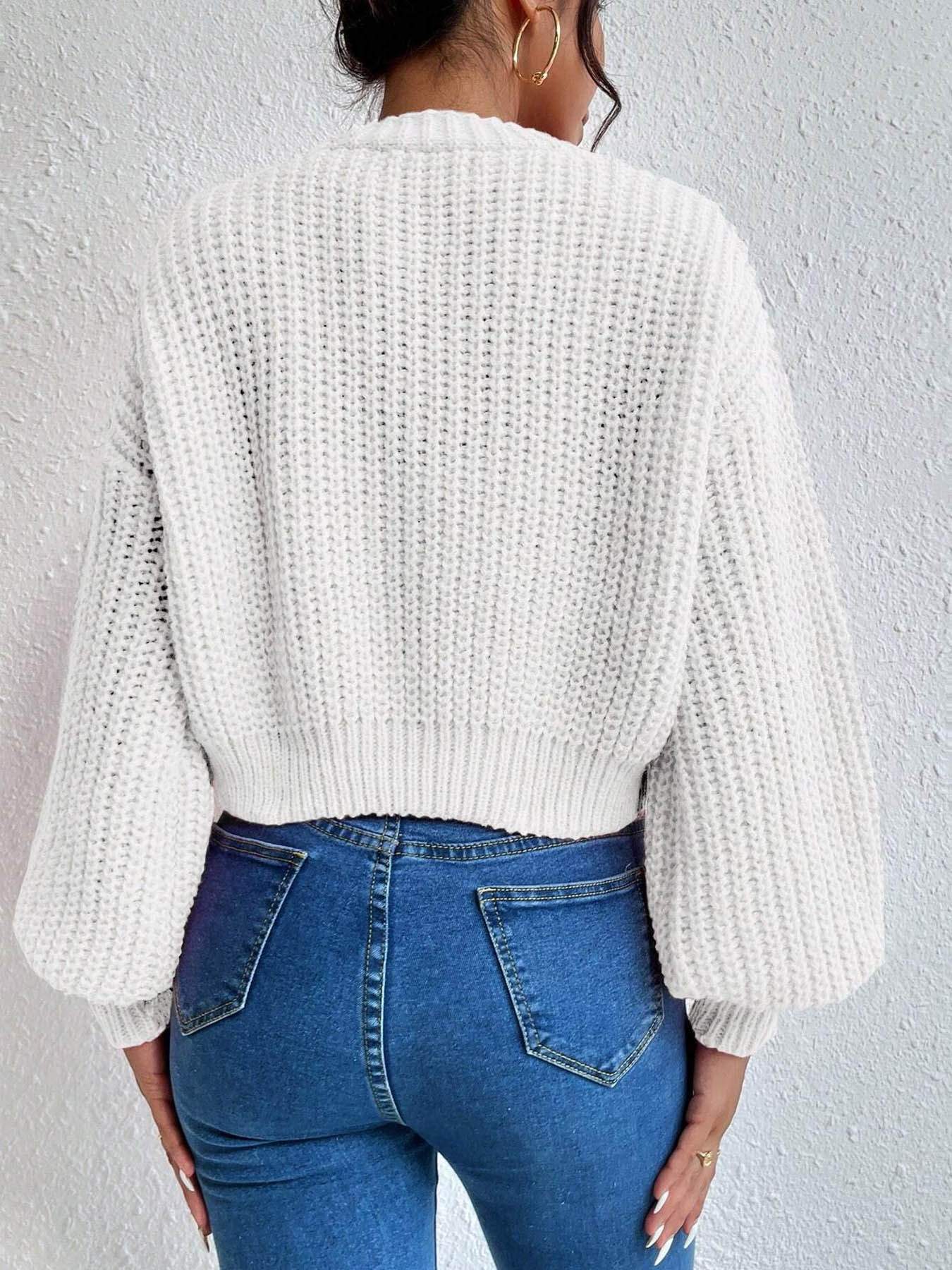 Women's Plain Bishop Sleeve Button Front Cardigan, Casual Long Sleeve V Neck Basic Knitwear for Fall & Winter, Fashion Women's Knit Clothing for Daily Wear