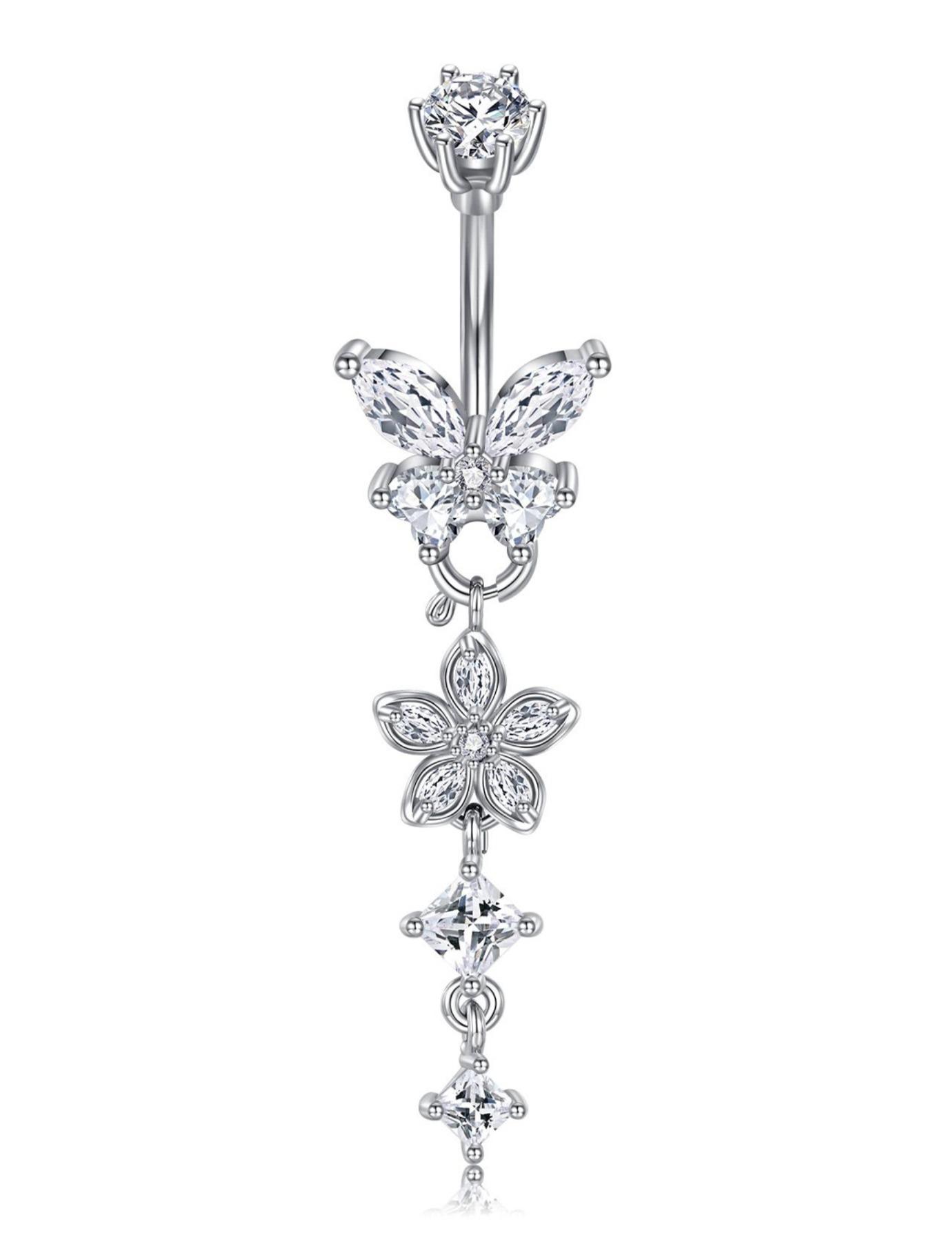 Detachable Flower Dangle Belly Button Ring Cute Butterfly Removable Belly Rings Stainteel Steel Navel Piercing Jewelry For Women, 10mm Silver Pink Purple Blue Belly Button Piercing Body Piercing 14Gauge