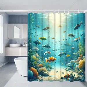 "Underwater World" Hand-Drawn Pattern Shower Curtain with 12/24 Hooks – A High-Quality, Elegant, and Versatile Bathroom Curtain