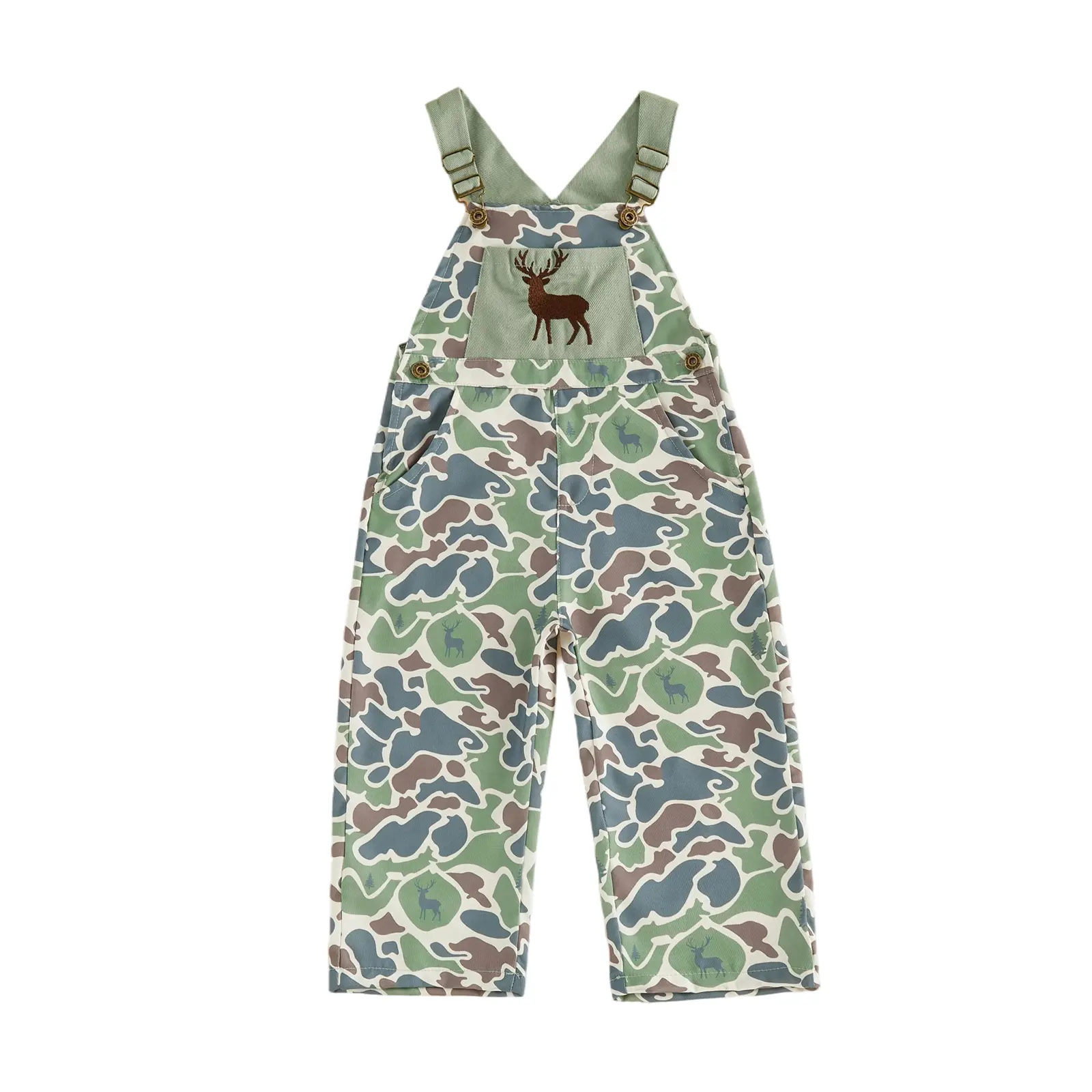 Unisex Toddler Baby Camo Deer Embroidery Overalls Adjustable Strap Long Suspender Pants Fall Casual Outfit 18m-6y