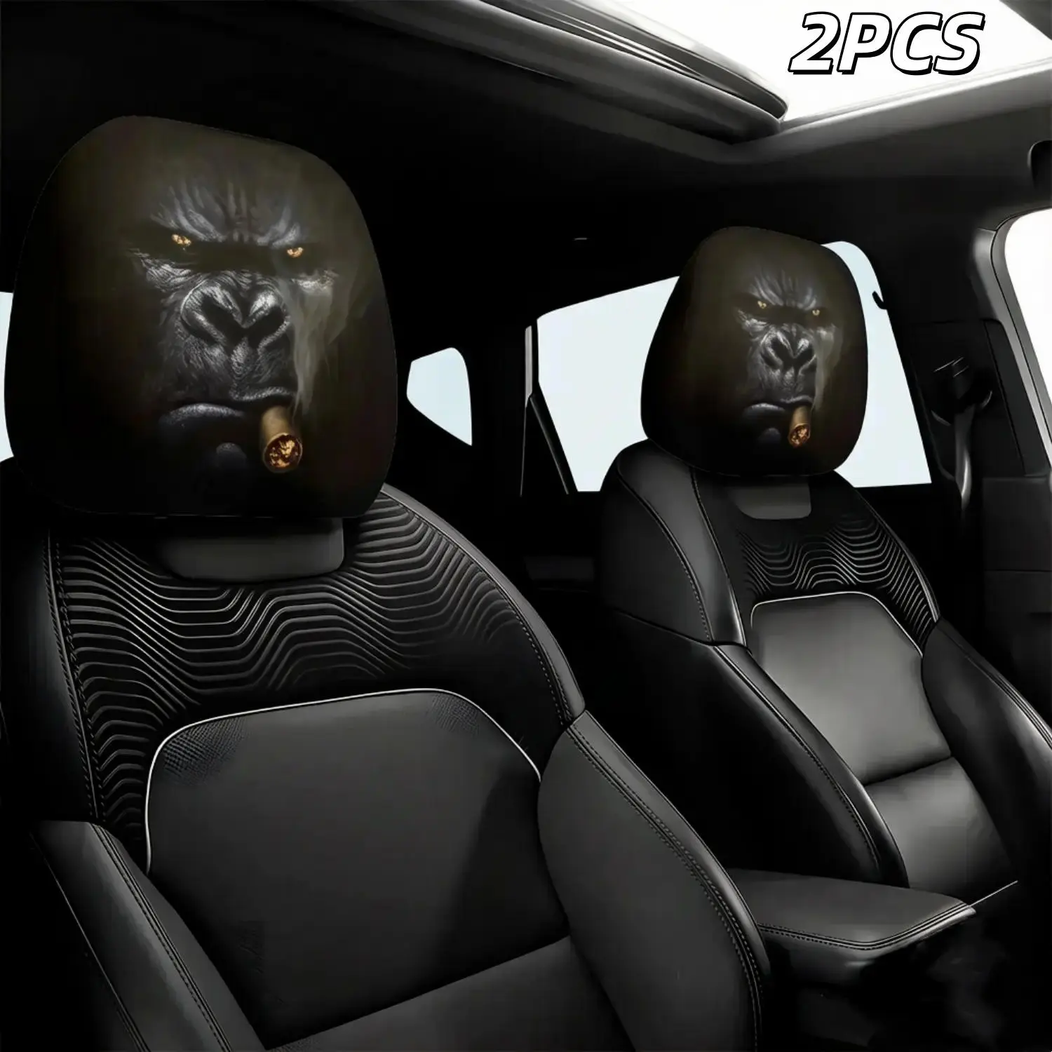 2-Pack Gorilla Car Headrest Covers, Funny Animal Face Seat Headrest Protectors with Bold Black Graphic, Unique Car Interior Decor for Sedans, SUVs, Trucks, Daily Driving and Road Trips