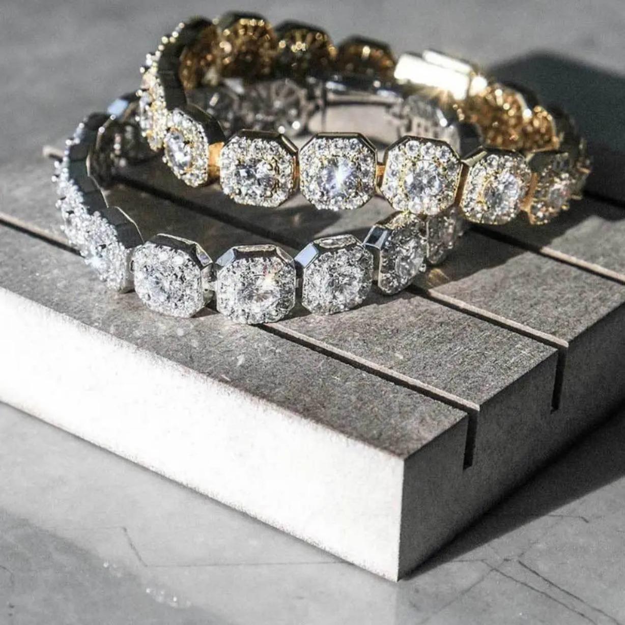 Men's Iced Out Sugar Chain Bracelet Moissanite 18K Gold Plated Stainless Steel Hip Hop Cuban Link Style Trendy Streetwear Luxury Bracelet Jewelry Gift for Men