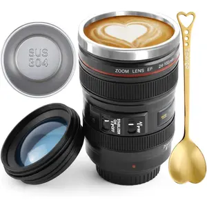 Camera Lens Coffee Mug with Clear Lid and Spoon – Lightweight Lens Cup Replica, Gift for Photographers