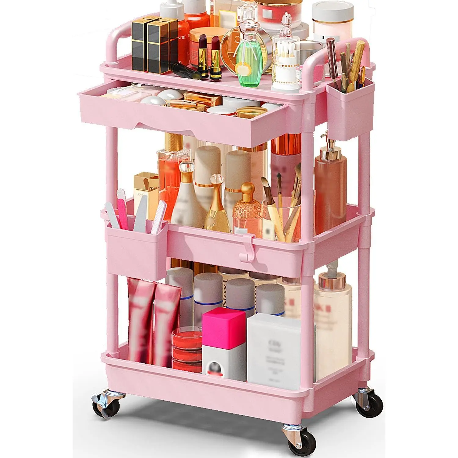 Pink 3-Tier Rolling Makeup Organizer Cart with Drawer and Lockable Wheels, Vanity Storage for Skincare, Cosmetics, Brushes, Perfume and Nail Polish