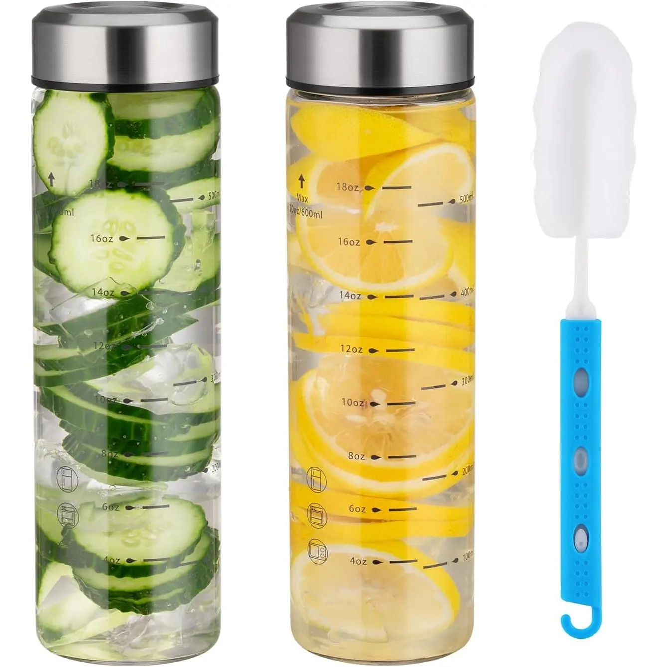 20oz Wide Mouth Borosilicate Glass Juice Bottles 2 Pack | Leakproof Stainless Steel , , Heat Shock Resistant, Ideal for Smoothies, Daily Water, Juicing Beverage Storage