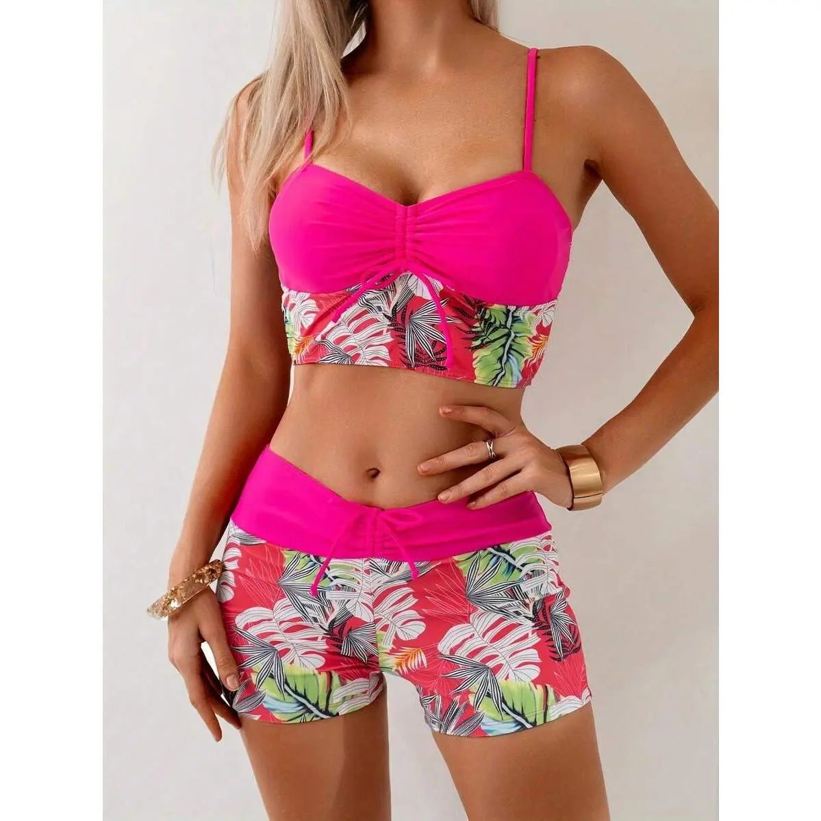 2026 New Leopard Print Floral Tankini Set Twist Front Cutout Ruffled Hem Swimwear
