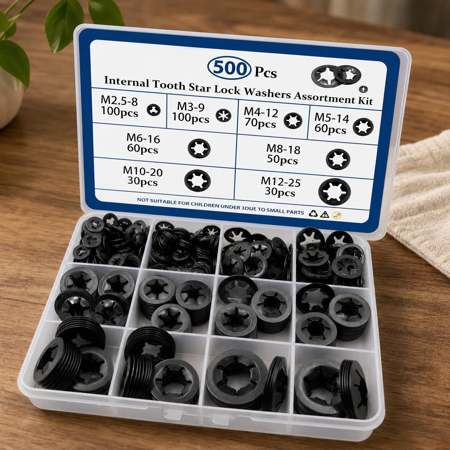 Internal Tooth Starlock Washers Push Nut Assortment (M2.5-M12) 500Pcs, M2.5 M3 M4 M5 M6 M8 M10 M12 Locking Washers Set, Assorted Push On Speed Nut, Black Lock Washers for Dolly WheelGift