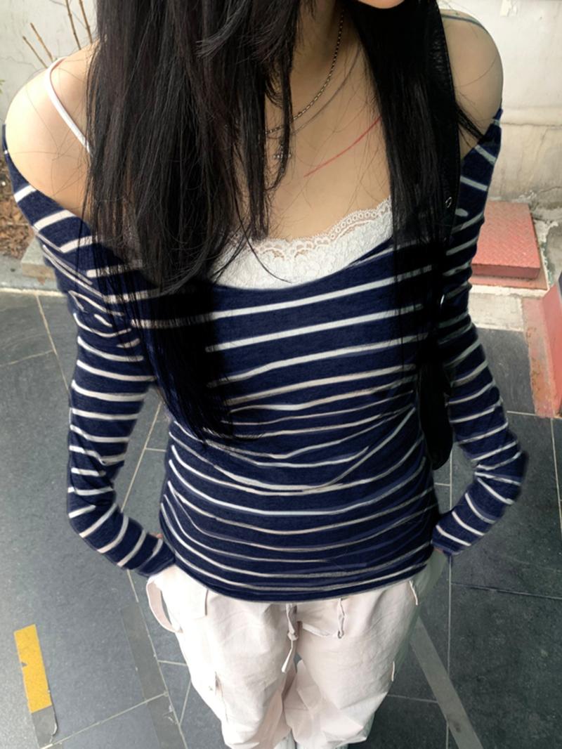 Women's Striped Print Off Shoulder Tee, Casual Chic Long Sleeve T-shirt for Daily Wear, Ladies Clothes for All Seasons
