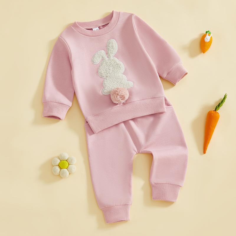 Babamoon Toddler Baby Girl Boy Easter Outfits Set Rabbit Long Sleeve Crew Neck Fuzzy Bunny Tail Embroidery Sweatshirt and Pants Clothing Set 0-3T