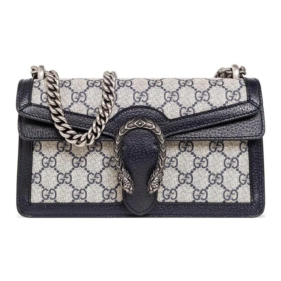 Gucci Dionysus Distressed Tiger-Head Clasp Monogram Canvas and Leather Crossbody Bag for Women in Blue and Beige