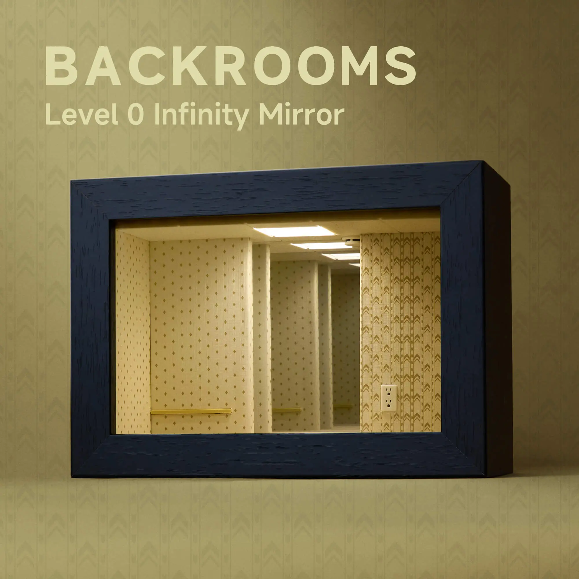 Backrooms Level 0 Infinity Mirror Box - Handmade Liminal Space Shadow Box with Black Wood Frame, Cool Room & Dorm Decor, Doll Display Ready Yellow Wall Vibe Dreamcore Horror Gift Figurine Holder, Cool Room Decor