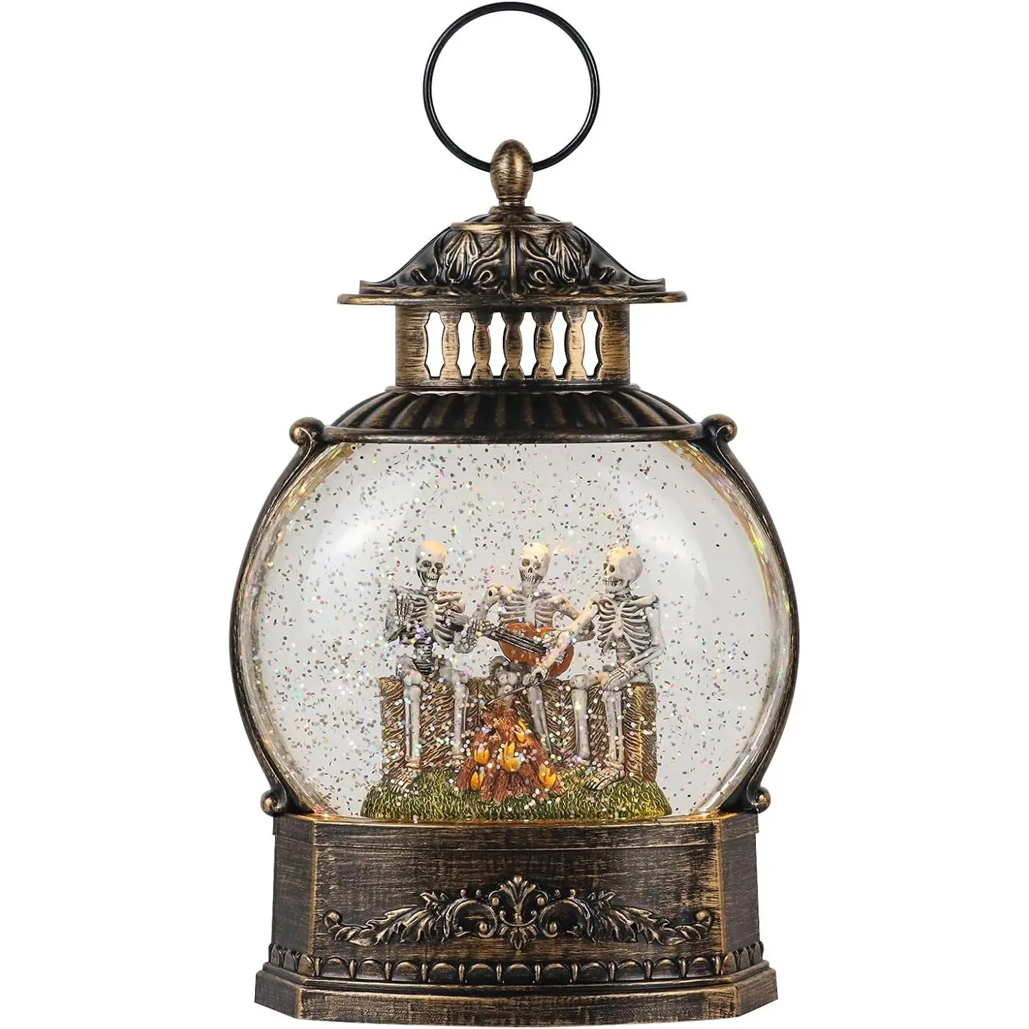 Halloween Skeleton Bronze Snow Globe Lantern with 6 Hour Timer, Battery Operated USB Powered, Spinning Water Swirling Glitter, Canteen Shaped Lighted Lamp, USB Included, Perfect for Halloween Indoor Home Decor