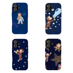 Vintage Midnight Blue Curious George Baby Monkey Phone Case, Adorable Star Pattern Daily Life Art Cover, Smartphone-Cellphone Accessories for iPhone 17 Pro Max,16-11 & Samsung S21-S26, Handheld Devices Kids Cartoon Fan Gift