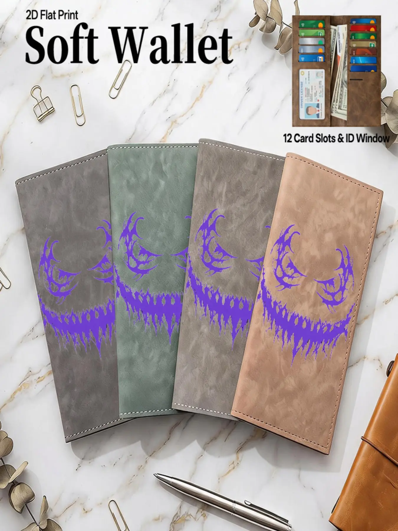 Soft PU Leather Ultra-Thin Long Wallet Men, Multi-Card Slots, Gothic Smile Pattern, Travel Coin Purse, Unisex Gift, All Seasons