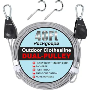 Retractable Clothesline Outdoors, Travel Clothes Drying Line, Heavy Duty Dual Pulley System with Nylon-Coated Steel Wire, Portable Laundry Line for Camping, Backyard, RV, Cruise Ships (40Ft)