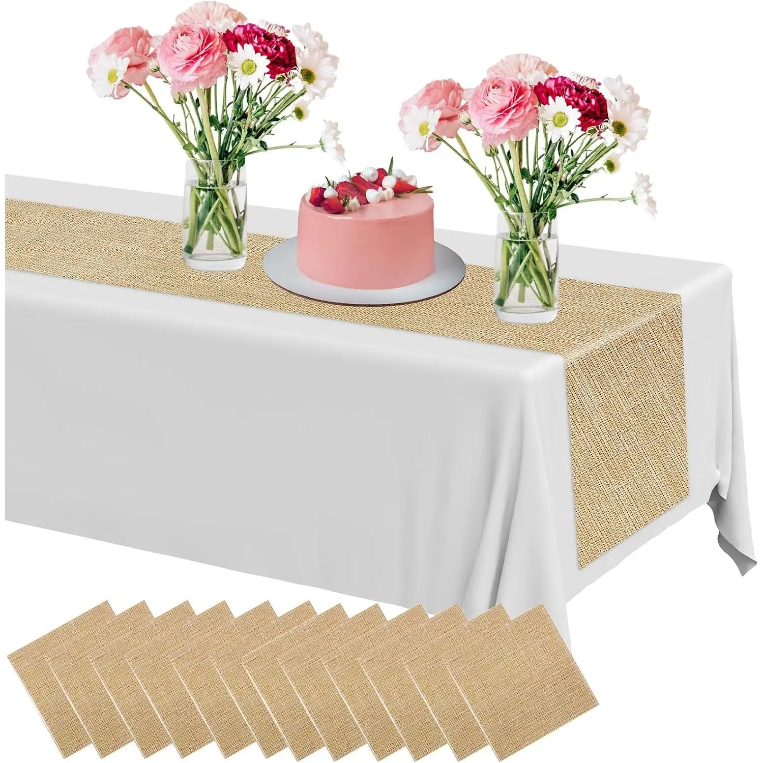6 Pack Plastic Table Runner 14 x 108 Inch  Burlap Printed Disposable Runners Table Decoration for   Kitchen Wedding Holiday Party (Rustic)