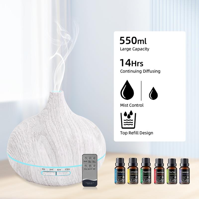 Wood Grain Aroma Diffuser Humidifier 550ml, Ultrasonic Waterless Fragrance Oil Diffuser with Remote, Essential Oil Aroma Diffuser for Home, Anxiety & Flower Humidifier, Air Purifier, Quiet, Auto Shut Off, 6 Oil Bottles Included d is ff use Wood Grain Aroma Diffuser Humidifier 550ml, Ultrasonic Waterless Fragrance Oil Diffuser with Remote, Essential Oil Aroma Diffuser for Home, Anxiety & Flower Humidifier, Air Purifier, Quiet, Auto Shut Off, 6 Oil Bottles Included d is ff use
