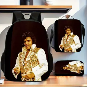3pcs Elvis Presley Style Backpack Collection, Including a Lunch Bag And a Pencil Case, Featuring Adjustable Shoulder Straps And a Zipper Closure, an Ideal Present for The Festive Season