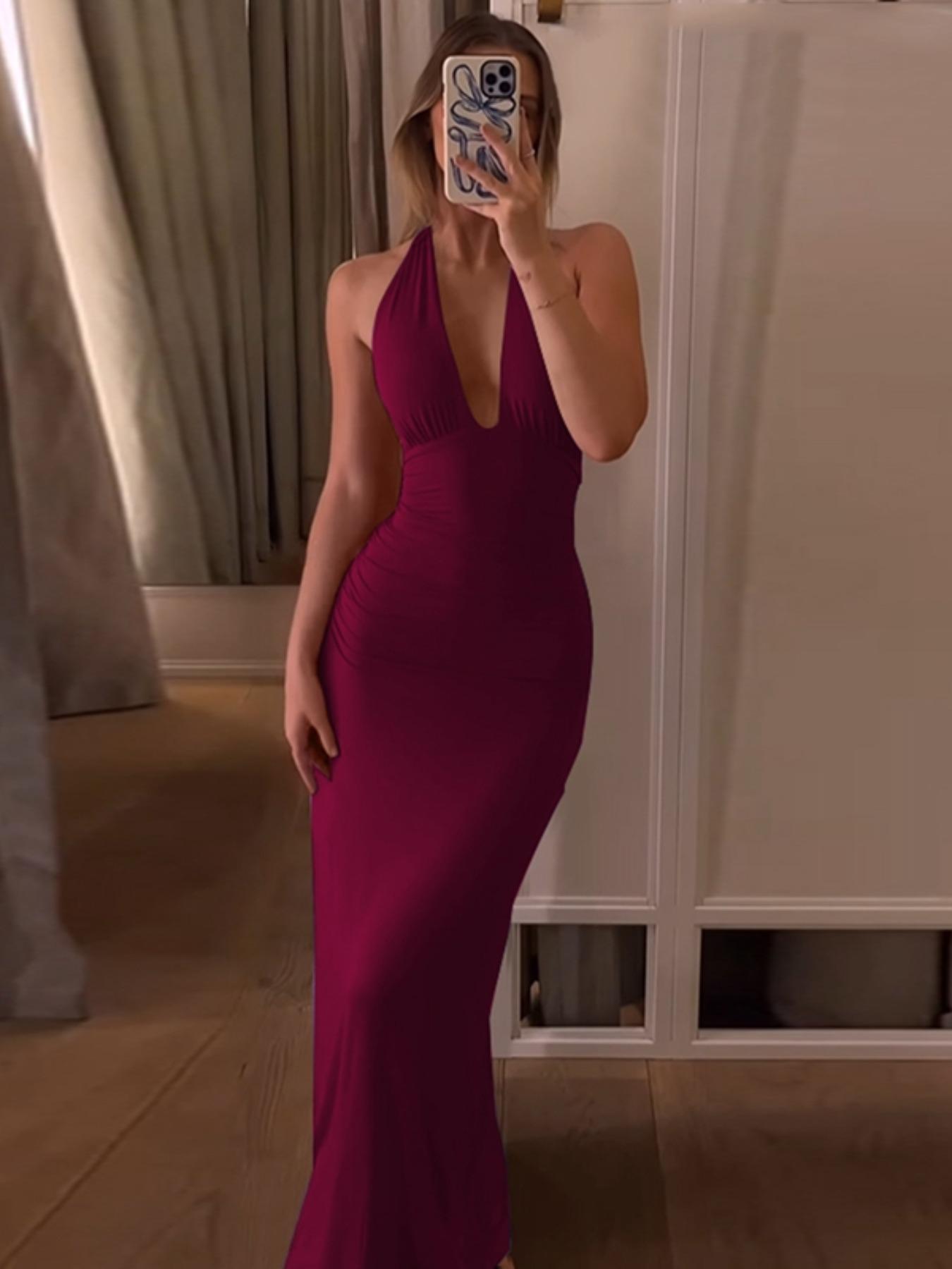 Women's Solid Backless Halter Neck Bodycon Evening Cocktail Dress, Fashion Casual Sleeveless Dress for Party Club Dating Wear, Ladies Summer Clothes Womenswear