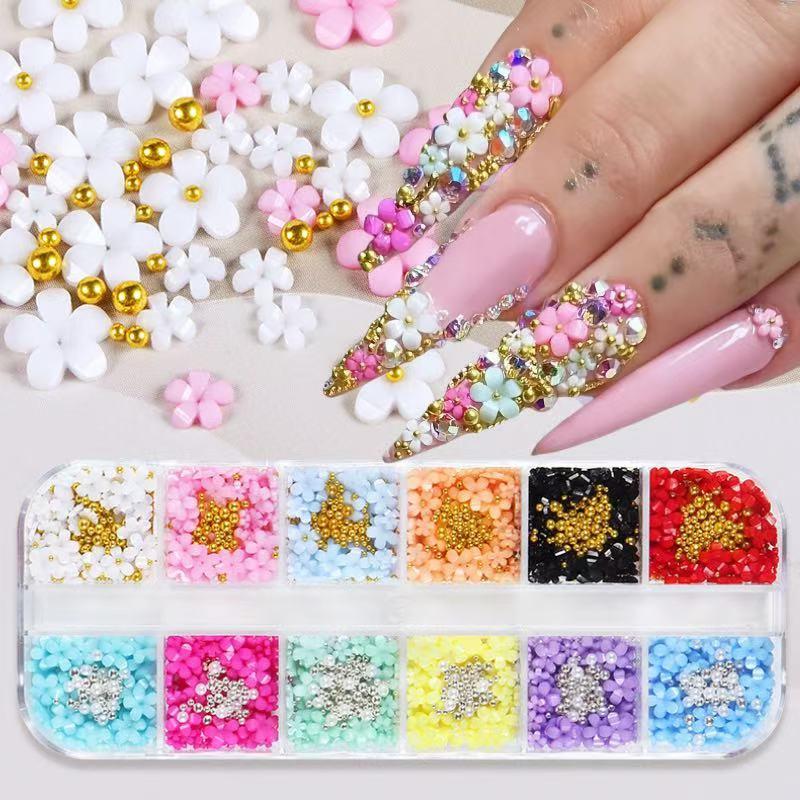 12 Color Flower Shaped Nail Art Decoration, 1 Box DIY Nail Accessories for Nail Art Decoration & DIY Crafts, Nail Decoration Kit for Women & Girls