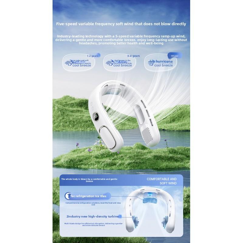 Portable hands-free neck fan with advanced semiconductor cooling technology. Features ice compress function and bladeless design for safe, comfortable cooling. USB rechargeable, lightweight and perfect for outdoor, travel, sports and daily use. Enjoy inst