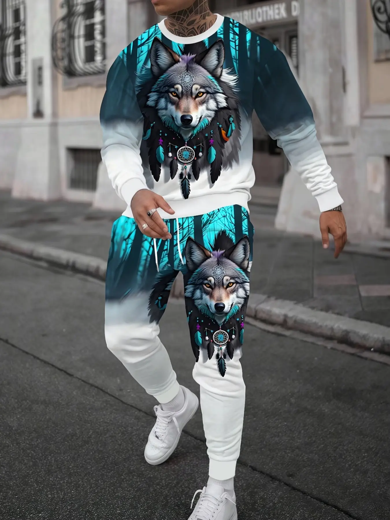 Men's Vintage Wolf Pattern Full Digital Print Two-Piece Set, Round Neck Long Sleeve Sweatshirt with Drawstring Casual Pants