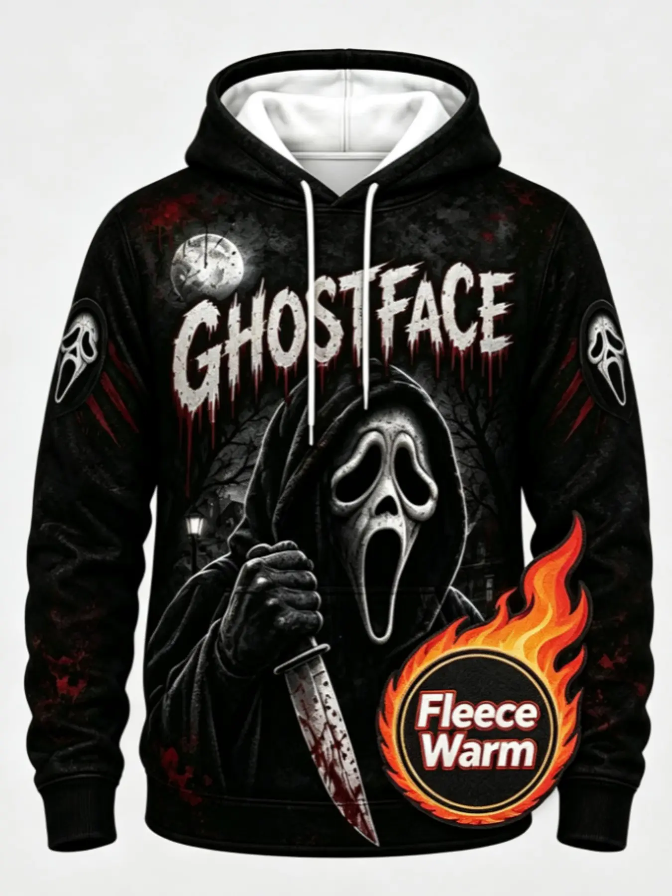 Halloween Scream Ghostface Hoodie, Horror Movie Mask 3D Full Print Fleece Hooded Sweatshirt, Loose-Fit Street Style Unlined Pullover