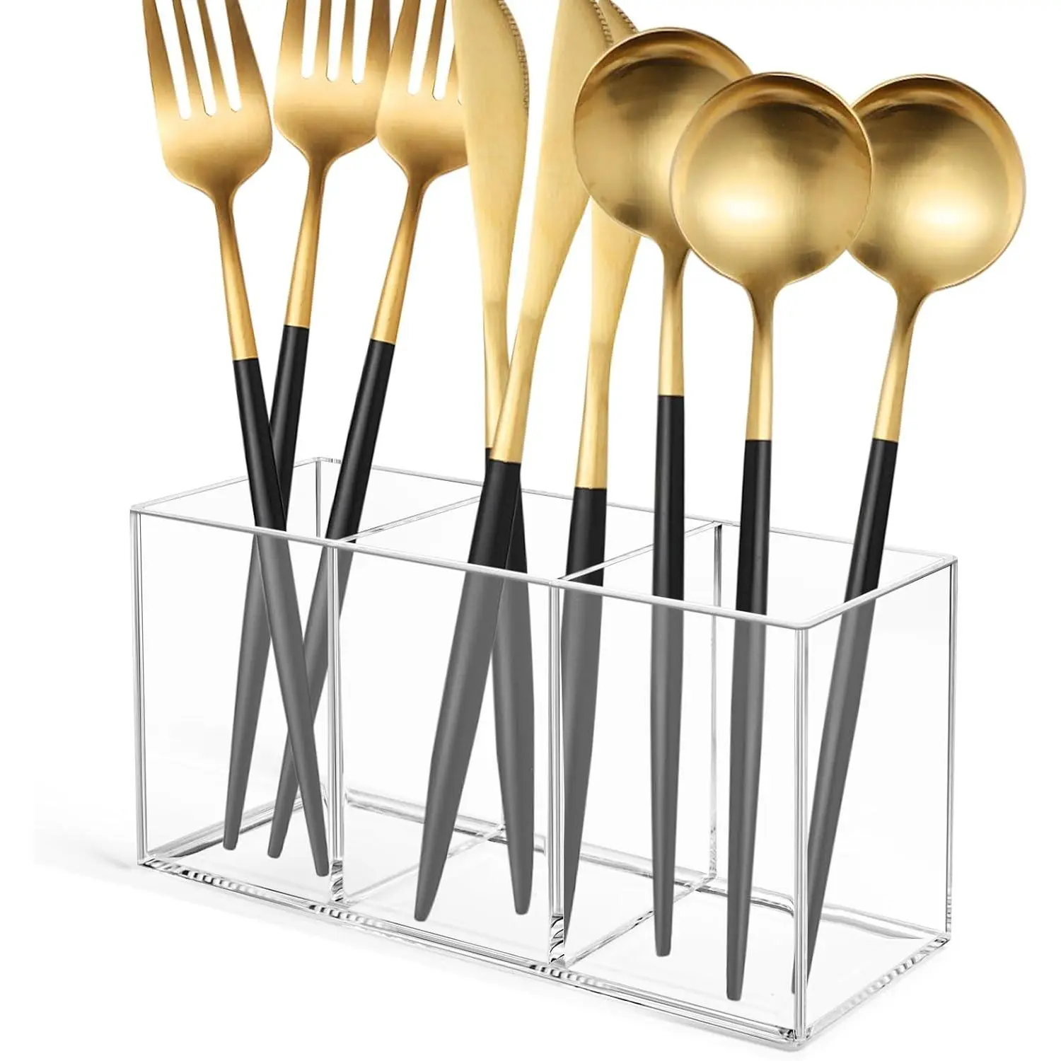 Silverware  Cutlery Storage Organizer Bin Clear 3 Compartments Tableware Storage Box for Kitchen Countertop,  Spoon and Fork Holder