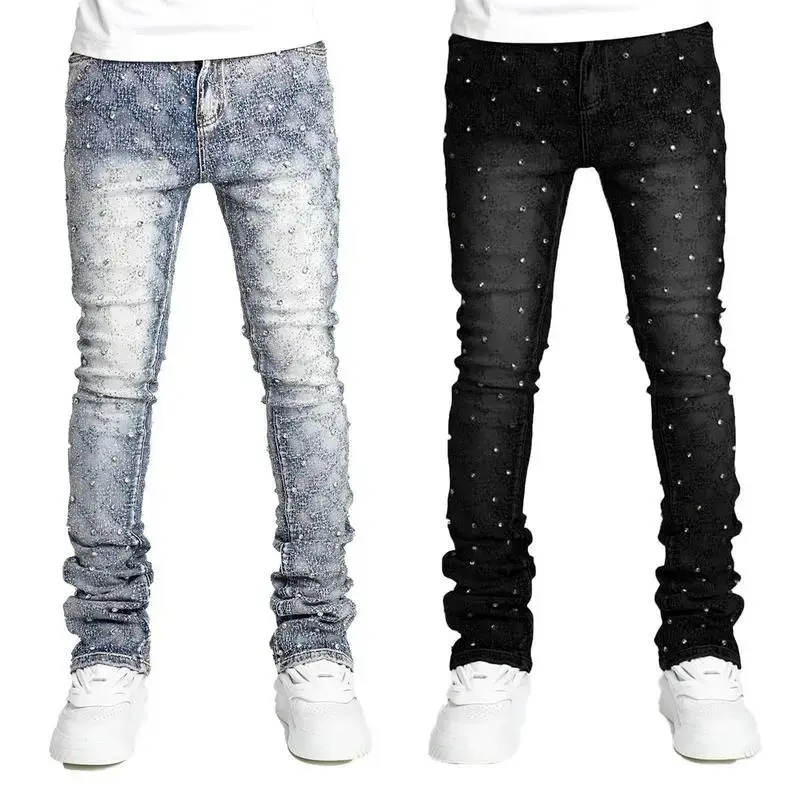 European Personality Stacked Jeans For Men Slim Fit Stretchy Pearls Man's New Designer Jeans