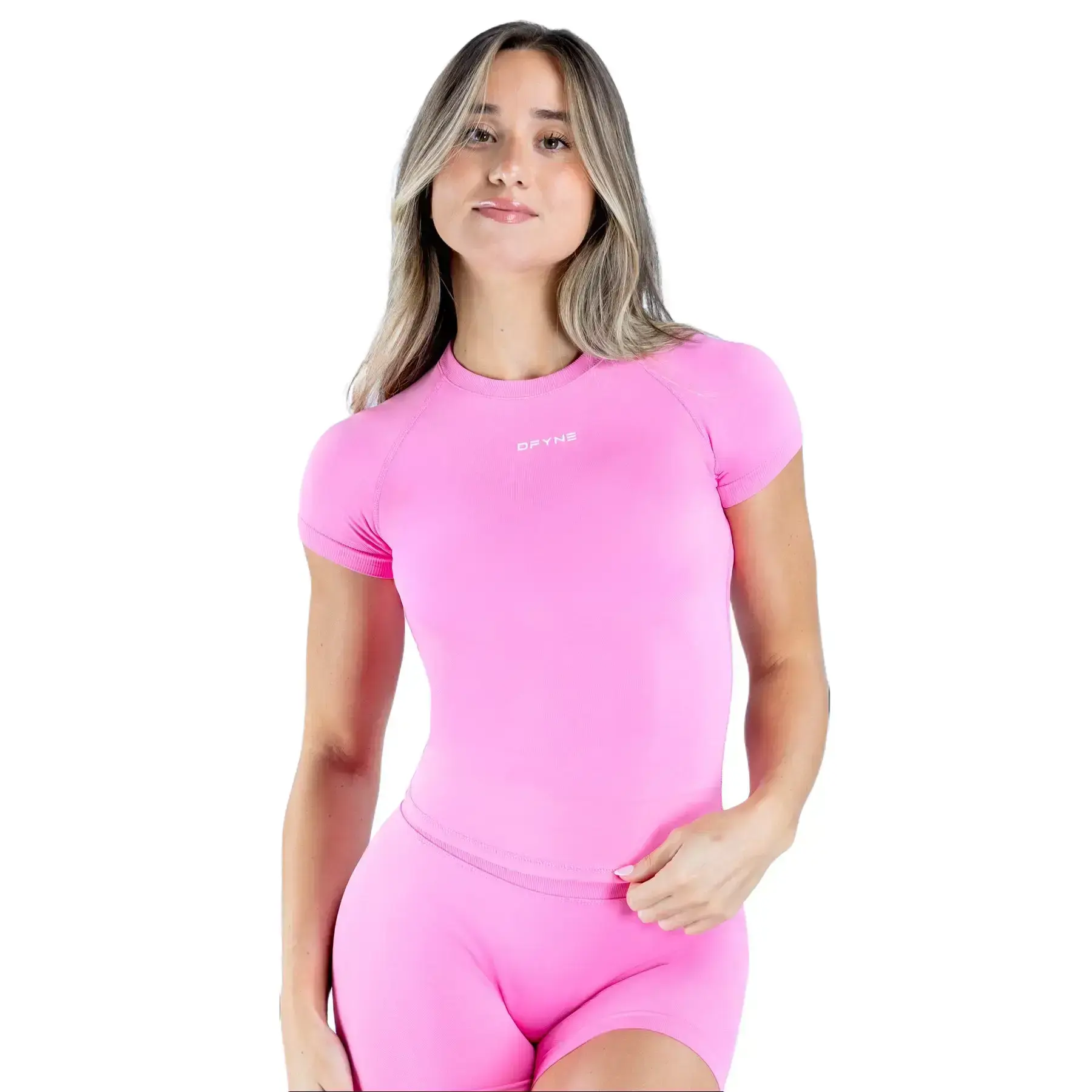 Dfyne Women's 2-Piece Seamless Sporty Chic Gym Set - Lightweight Short Sleeve Athletic Top, High Waist Long Biking Biker Shorts, Volleyball Spandex (with Logo), Athletic Short & Top Sets