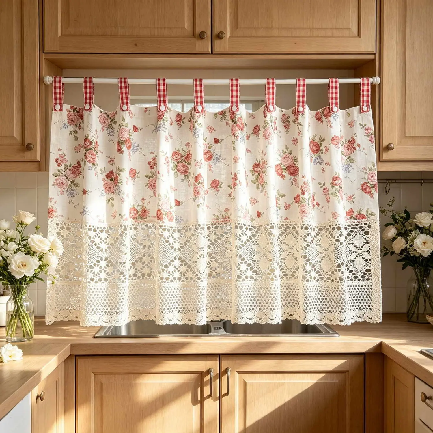 1pc Floral Patchwork Lace Short Curtain, Oven Window Curtain, Suitable for Kitchen, Living Room, Study, Door, Cabinet, Entrance, Etc., Top Band Processing, Home Decor