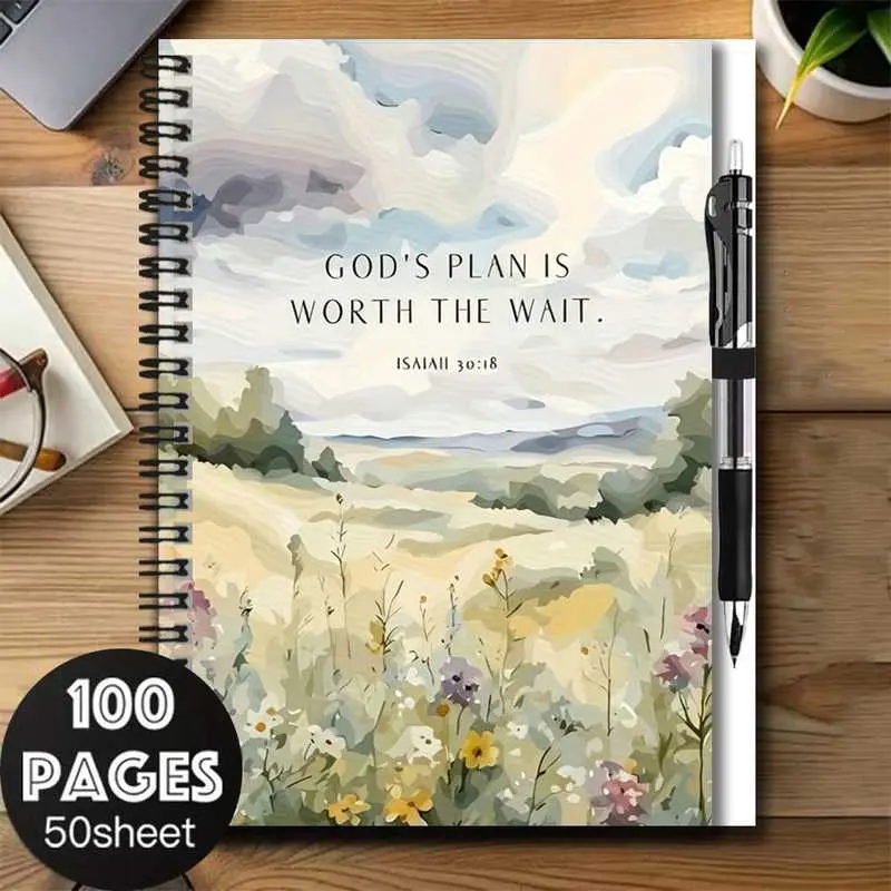 A set of spiral-bound notebooks with 2D landscape illustrations and a pen, practical for work and study, featuring functions of diary, daily planner, and notepad. Printed with inspirational religious quotes, it's a great choice for graduation gifts and bi