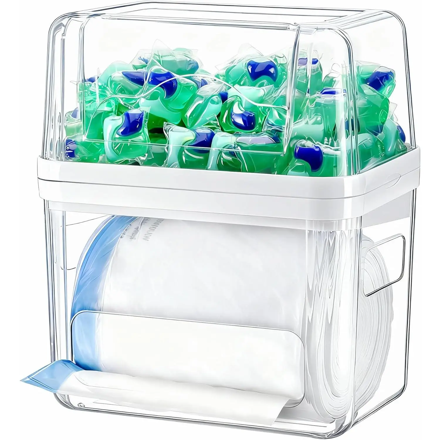 Trash Bag and Dishwasher Pod Dispenser - 3 in 1 Clear Storage Bins Holder for 13/30/33 Gallon Garbage Bags, Laundry Detergent Pods & Tabs, Under Sink Organizer for Kitchen and Laundry Room